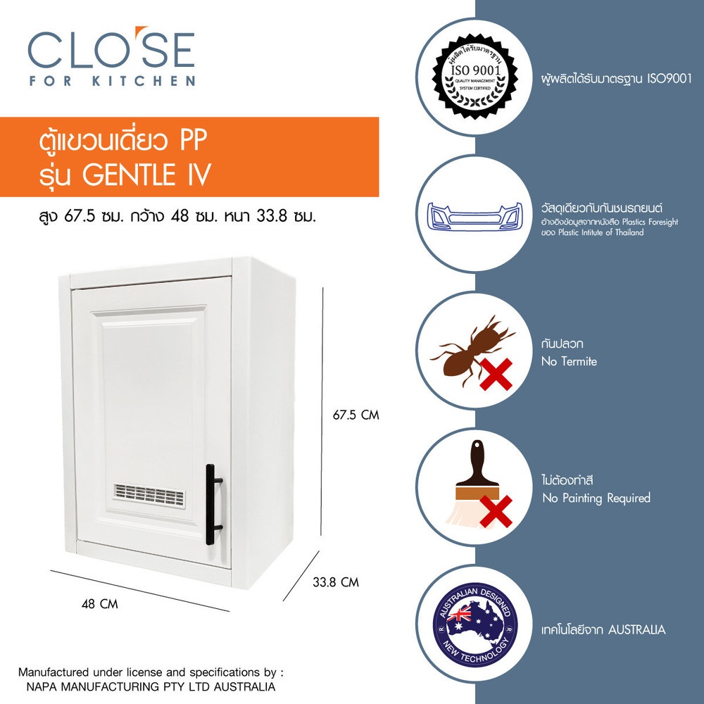 Global House CLOSE ตู้แขวนเดี่ยว GENTLE lV สีขาว 48x33.8x67.5ซม. รับประกันของเเท้! ราคา 2,633 บาท*ส่งฟรี