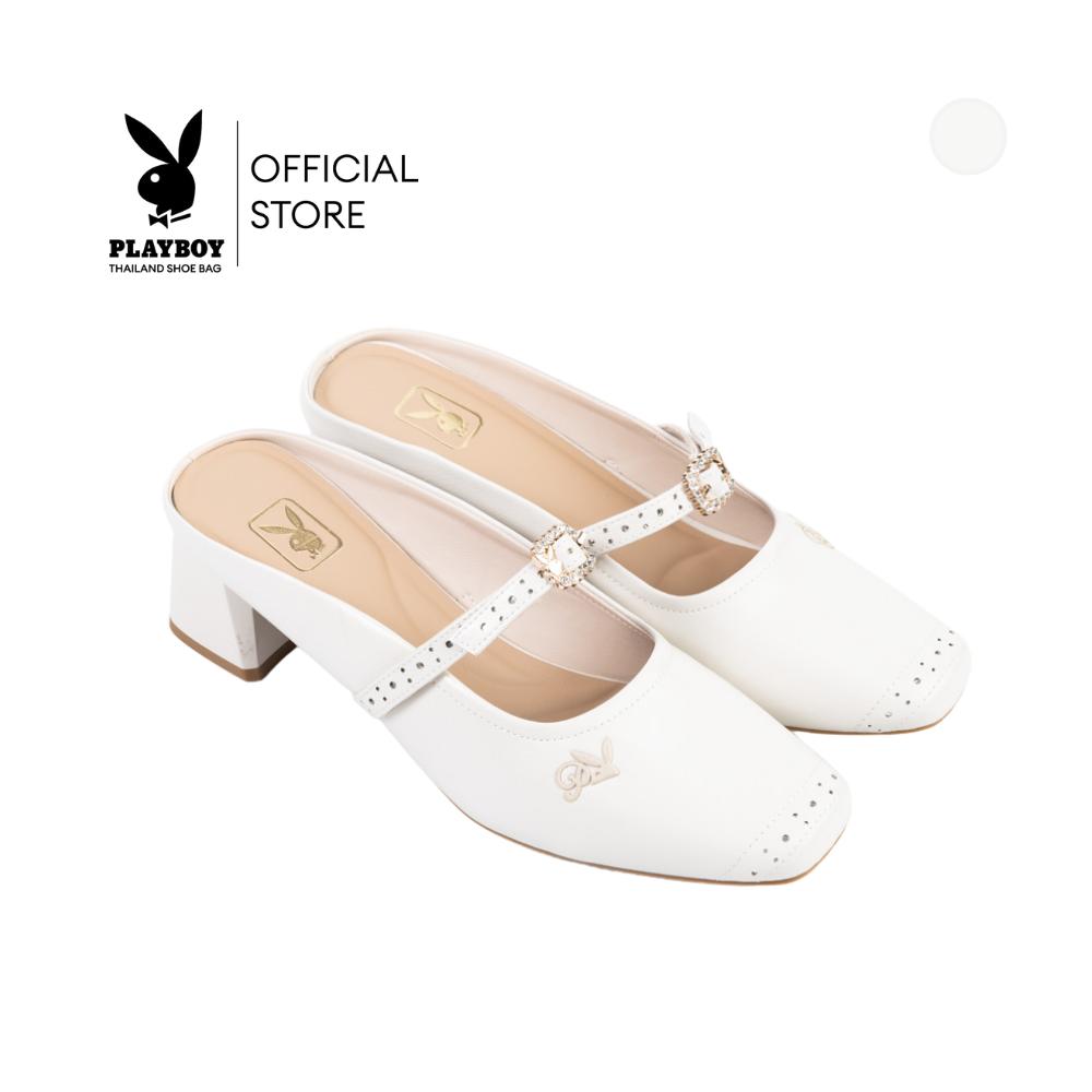 Playboy (Playboy) Model Viva Mary Jane, Mary Jane Style Shoes, Code St-H254C1233-Wh, Open Heel Design but with Dot Pattern, Spare Diamond Strap, Color Ivory White. ราคา 1,832 บาท*ส่งฟรี