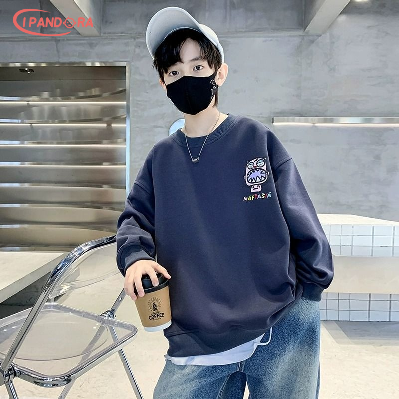 IP Boys' áo len mùa thu và mùa đông lỏng giải trí tất cả phù hợp với tay áo dài trẻ em và bé trai Tuổi Teen in chữ cổ tròn áo