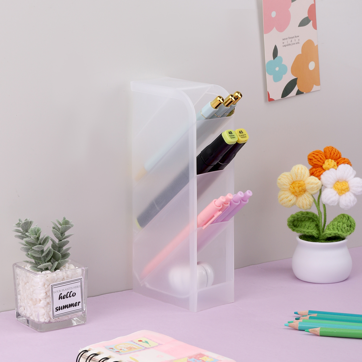 1pc Multi functional plastic office storage desk organizer with oblique insertion pen holder rectangular stand up pen holder