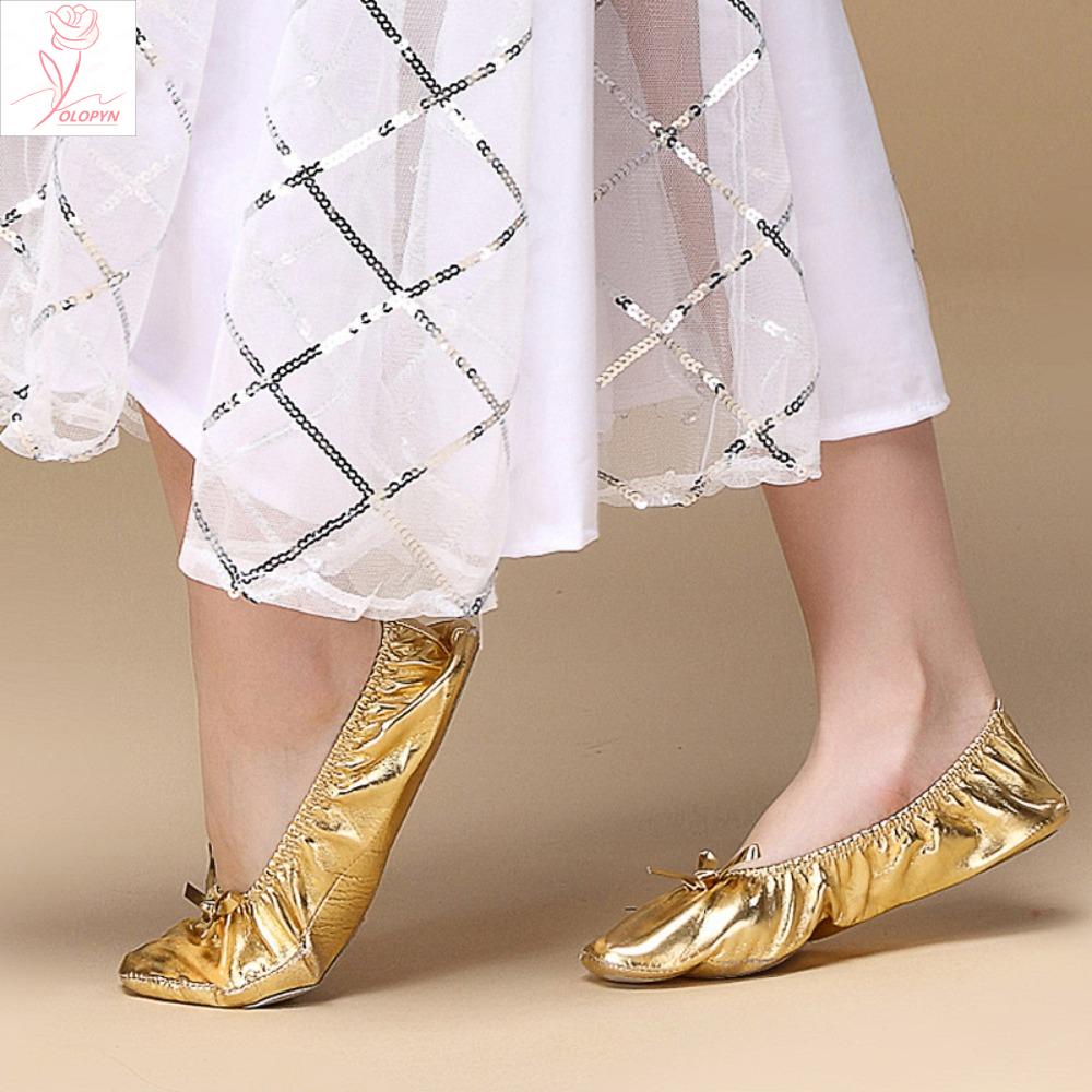 OLOPYN Vàng Giày múa bụng Da Nơ Giày búp bê Chuyên nghiệp Có thể gập lại Giày bệt ba lê có thể gập lại Bé gái