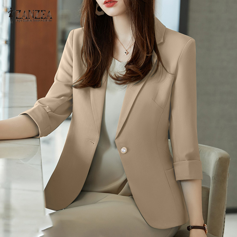 Zanzea nữ phong cách Hàn Quốc Văn phòng phù hợp với nút lên hoạt động trang trọng 3/4 Tay áo ve áo blazer #11