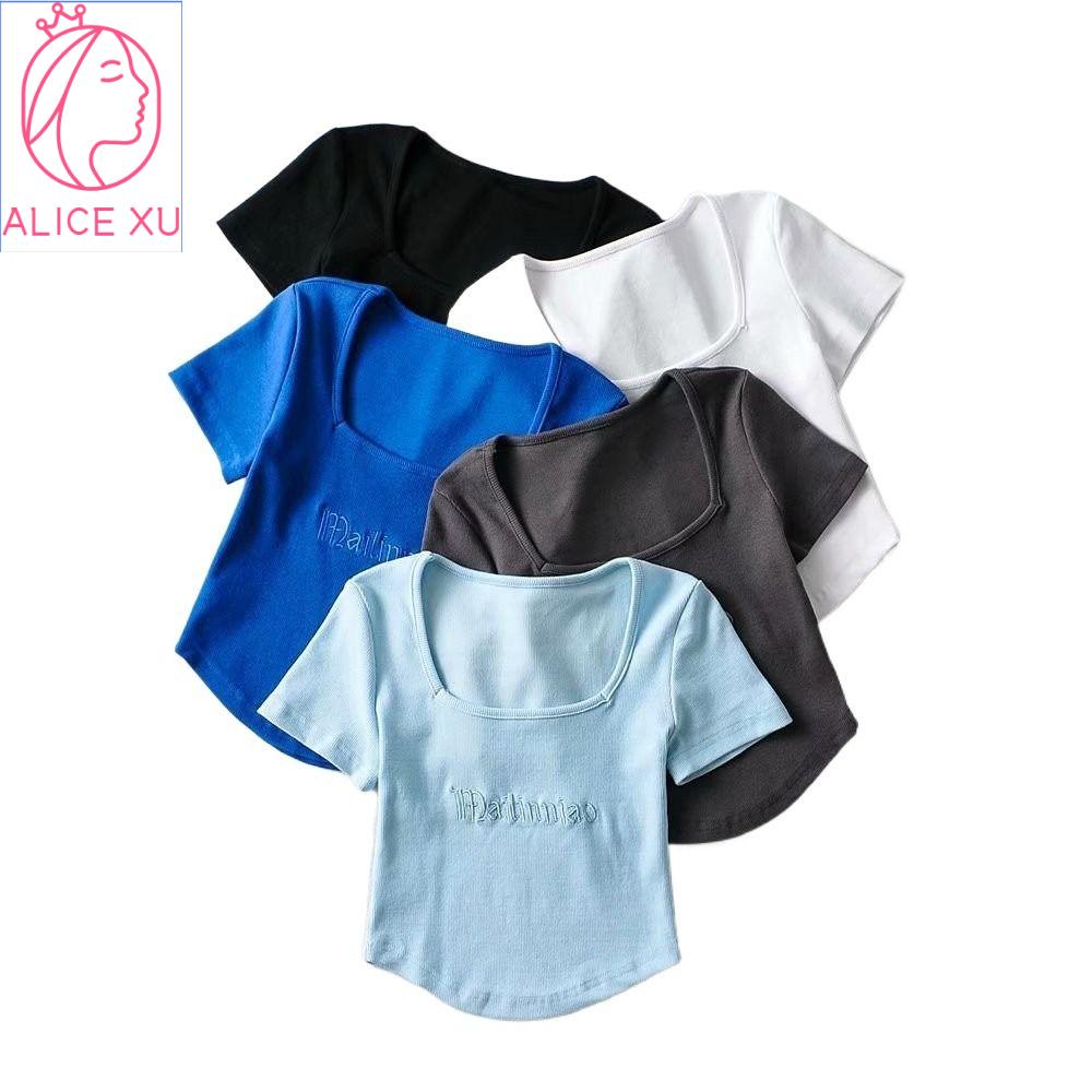 ALICE XU Áo chui đầu Áo hở eo ngắn tay có gân Ôm vừa vặn Phong cách Ins Áo thun thêu chữ cổ vuông Mềm Quần Áo Nữ Tiệc tùng