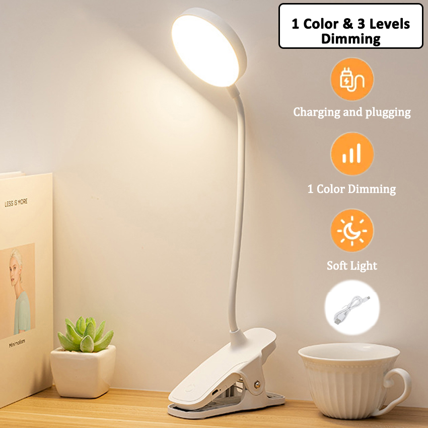 LED Clip Table Lamp 3 Colors Touch Dimming Flexible 360° Desk Light USB Rechargeable Eye Protection Study Reading Lights for Room Bedroom Bedside Dormitory Home Cabinet Warm White