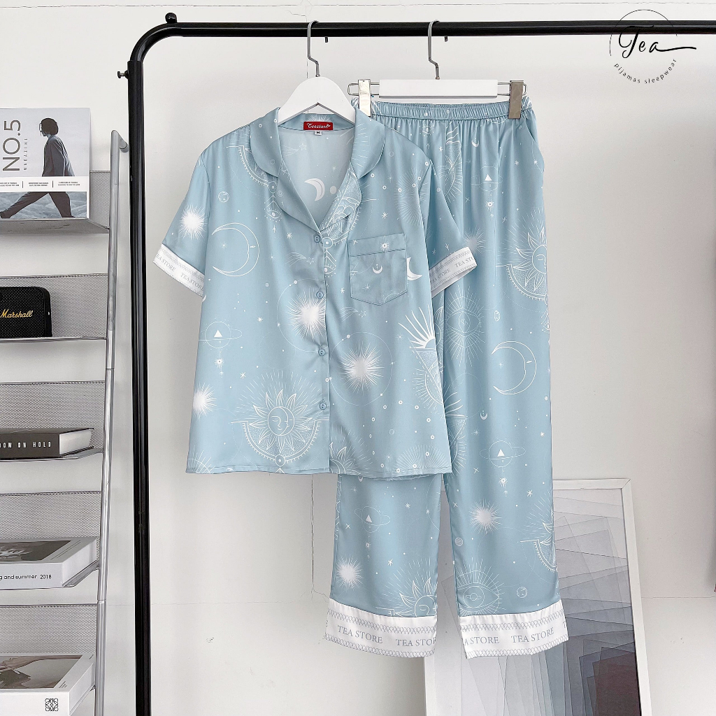 Bộ mặc nhà Pyjama lụa cao cấp Tea Store tay cộc quần dài họa tiết hoa trăng sao