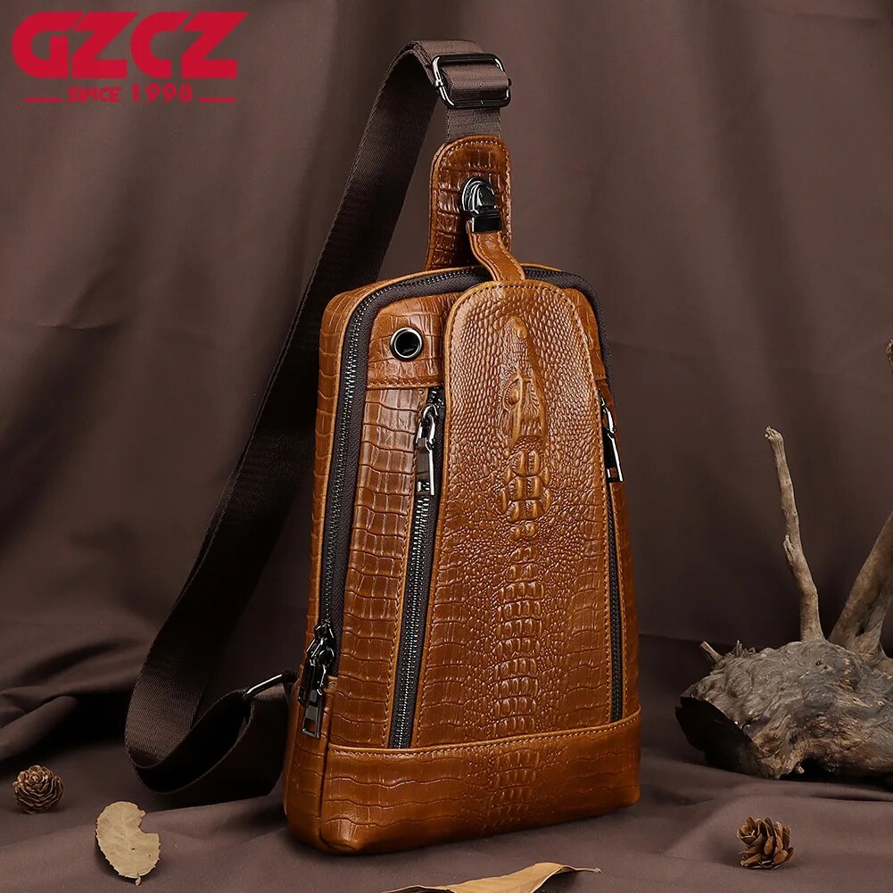 ZZOOI Business Travel Chest Packs for Men Cowhide Leather Alligator Grain Chest Bag Male Quality Crossbody Bags Fashion Shoulder Bag ราคา 1,285 บาท*ส่งฟรี