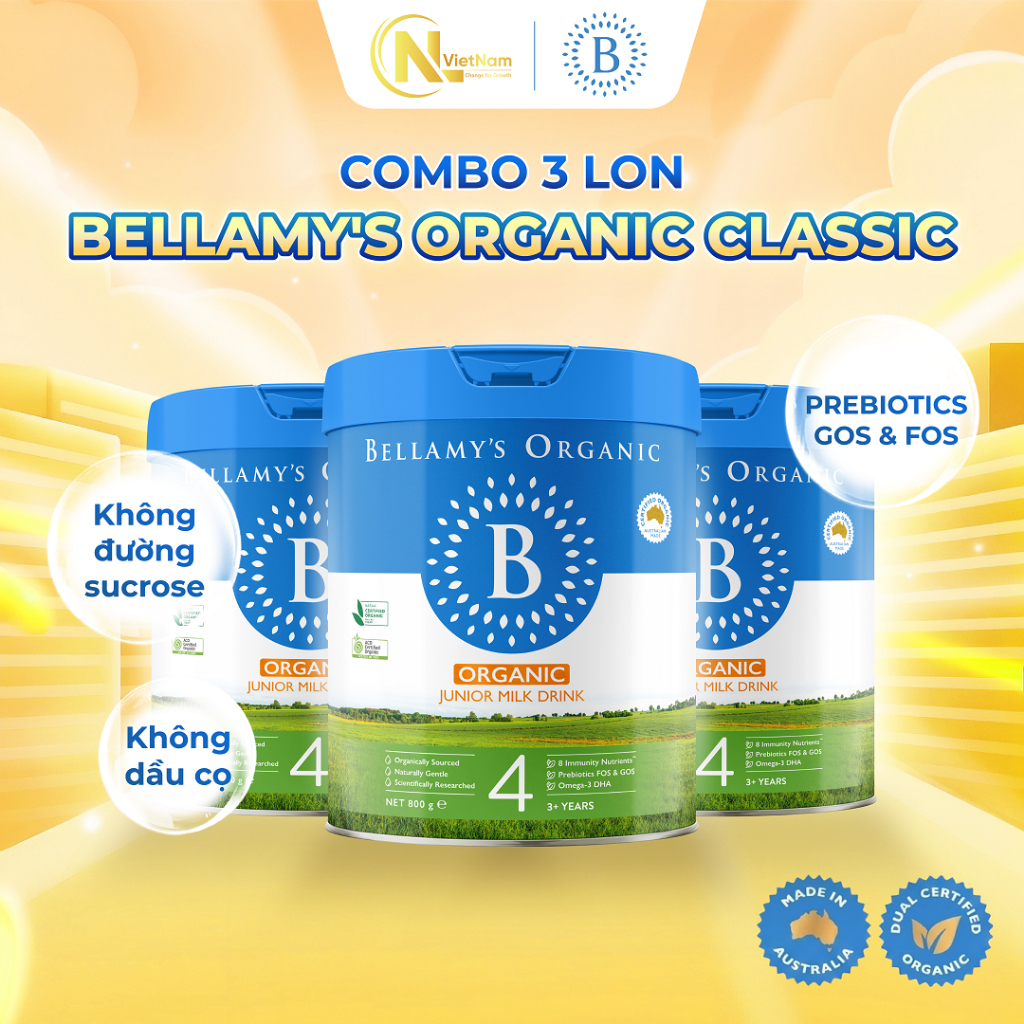 (Kèm quà) Combo 3 lon Sữa Hữu Cơ Bellamy's Organic Classic 2.0 Số 4 800g