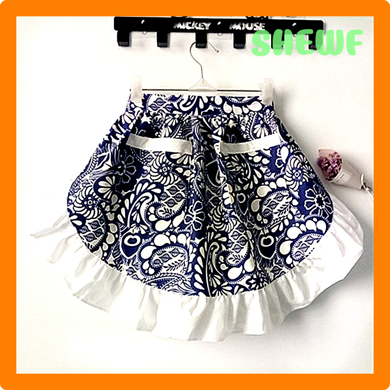 SHEWF Blue and White Porcelain Half Waist Bistro Restaurant White Ruffle Women Kitchen Cooking Avental de Cozinha Cotton Canvas Apron HTRDT