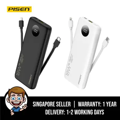 PISEN PowerBank with Built-in Lightning and Type-C Cable, 10500mAh, 18W PD, QC3.0, AFC, FCP for iPhone & Samsung