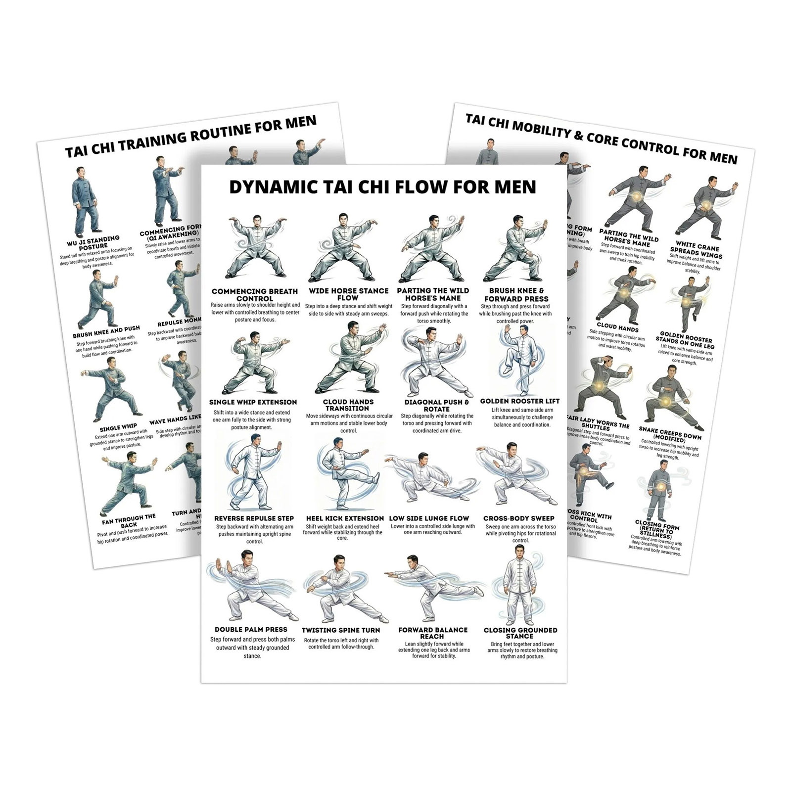 microgood Tai Chi for Lower Back Relief Tai Chi Training for Men 3pcs Men Tai Chi Training Plan Guide for Posture Correction Pain Relief Core Strength Flexibility Muscle Endurance – No Impact for Office