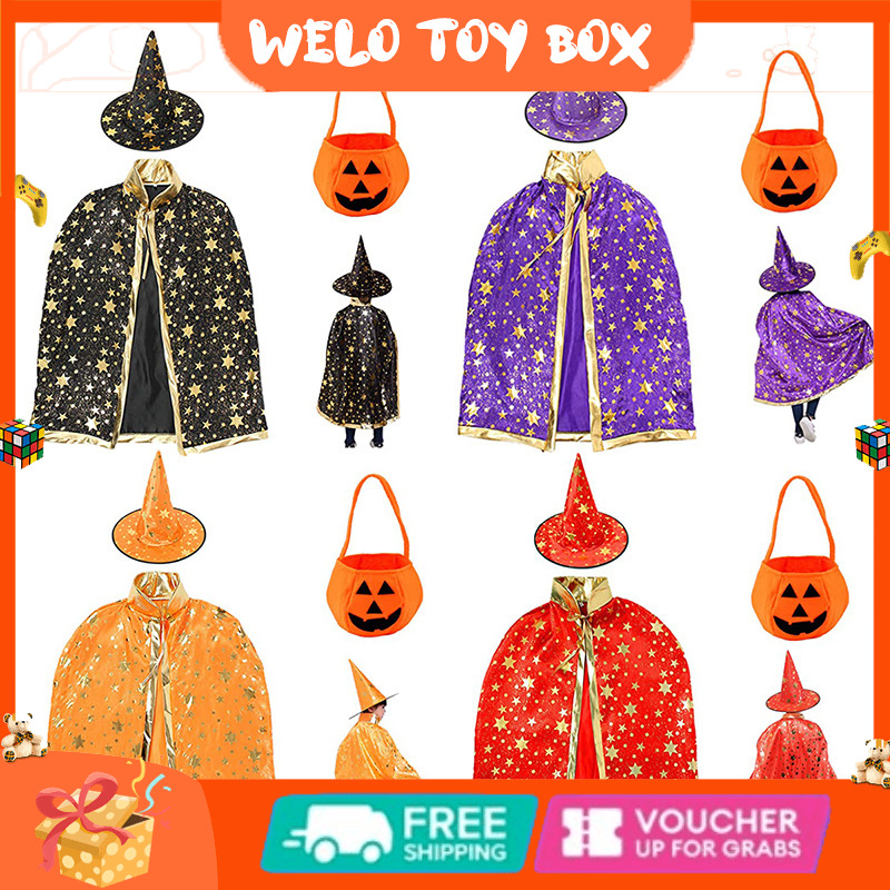 3pcs Halloween Costume Set Wizard Cape Witch Cloak With Pumpkin Pocket Hat
