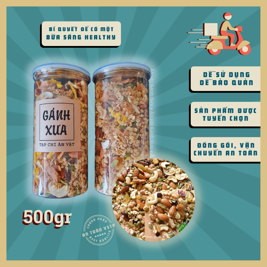 Granola không đường, siêu hạt 500g Gánh Xưa, ăn vặt Sài Gòn, ăn vặt Đà Nẵng
