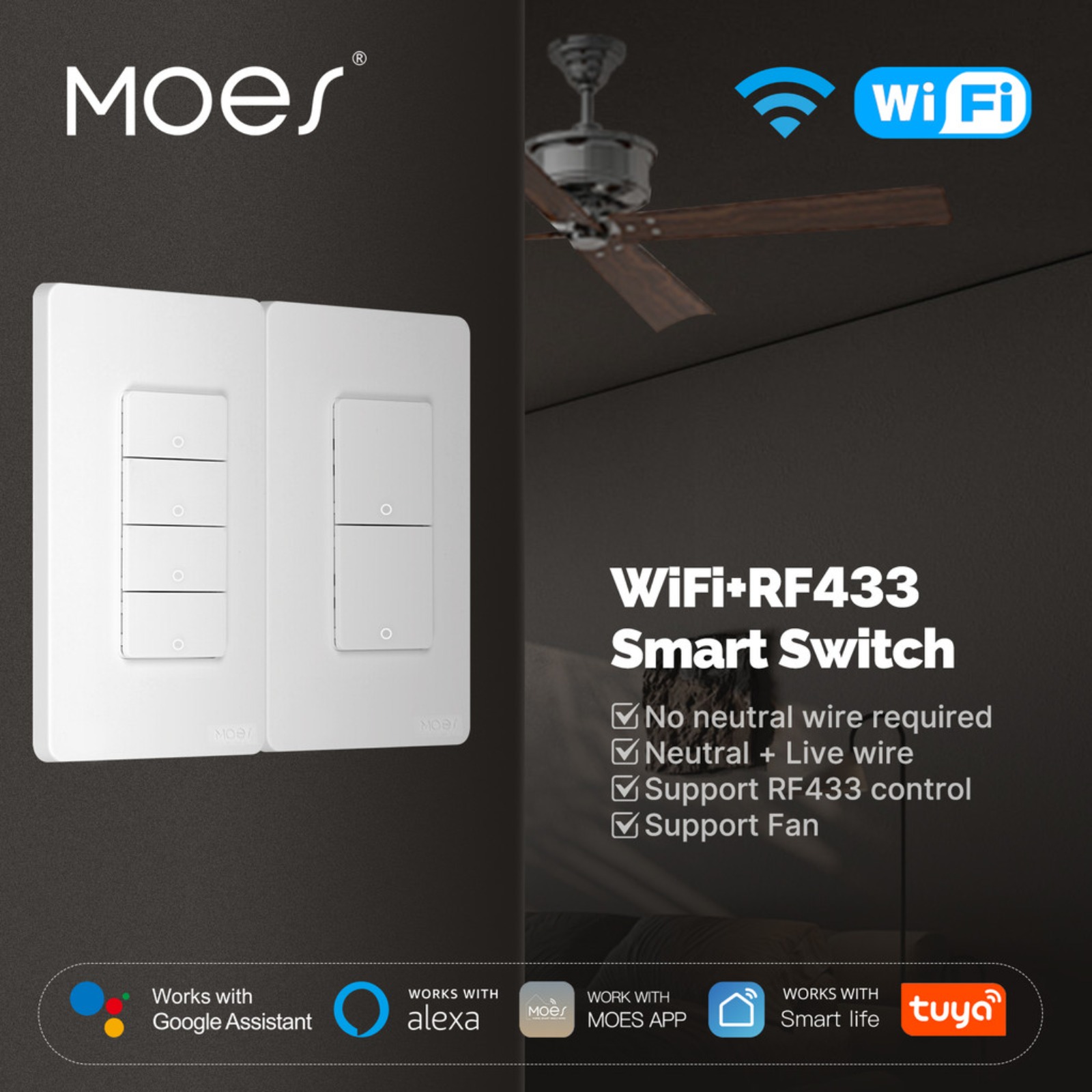 （ผลิตภัณฑ์ใหม่）MOES Tuya Wi-Fi สวิตช์ติดผนังปุ่มอัจฉริยะ (สายไฟกลางสด/เป็นกลางของสหรัฐอเมริกา),ทํางานร่วมกับ Alexa และ Google Home, ไม่ต้องใช้สายเป็นกลาง ราคา 613 บาท*ส่งฟรี