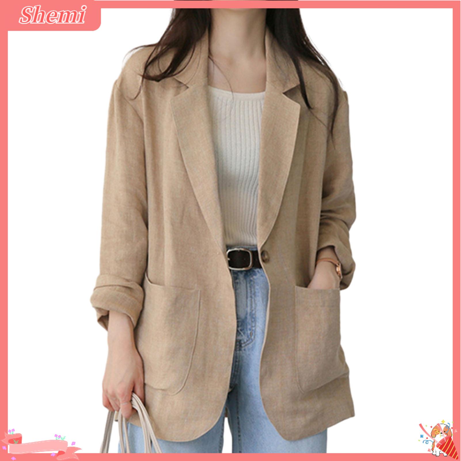 Shemi Áo vest có ve áo Áo Khoác Phụ Nữ Phù Hợp Với Áo phong cách Hàn Quốc Phụ Nữ Của Bộ Áo vest dài tay áo khoác có túi Chic Áo khoác blazer một nút Cho Làm Hộ Lao Động vừa rộng thiết kế mỏng màu trơn Thời Trang