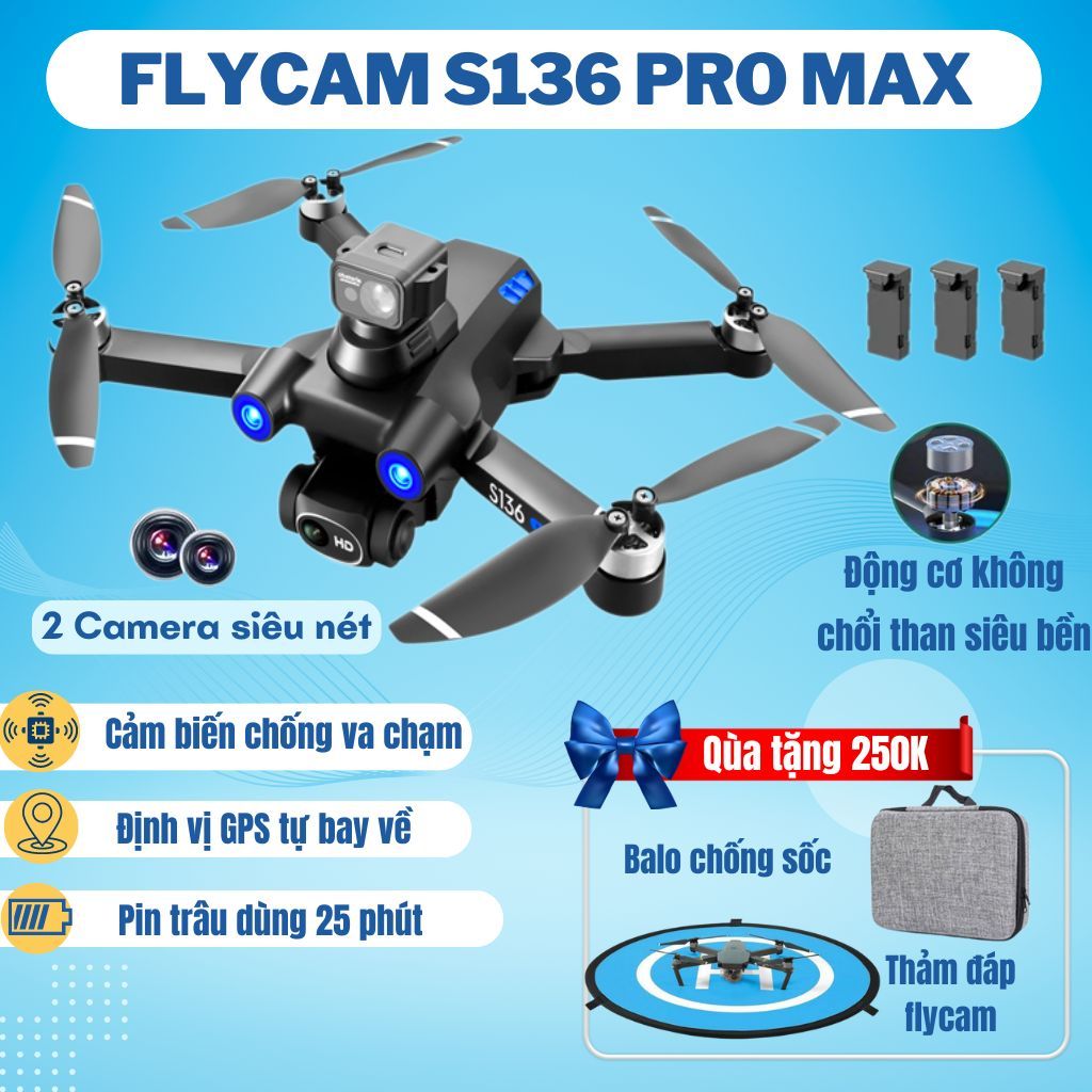 Flycam s136 pro max có đinh vị GPS, Camera kép 8k, Cảm biến chống va chạm, Plycam pin 2000mAh