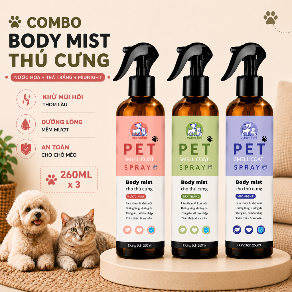 Xịt thơm chó mèo Caroline 260ml - Bodymist cho thú cưng giúp khử mùi, dưỡng da lông chai tiết kiệm (Combo 3 chai)