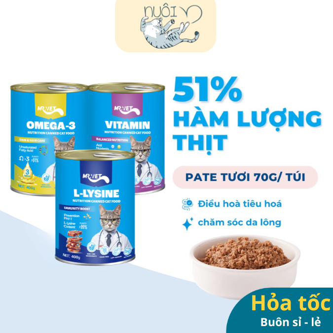 Combo giá sỉ 8 lon 400g mix vị Pate Cho Mèo Mr.Vet Thức Ăn Ướt Bổ Sung Omega 3, Vitamin, L-Lysine Tăng Đề Kháng