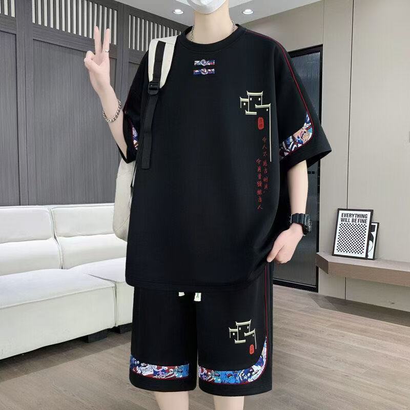 Tay ngắn bộ quần đùi nam mùa hè phong cách mới Phong cách Trung Quốc tay lỡ T-SHIRT Bộ thể thao giản dị