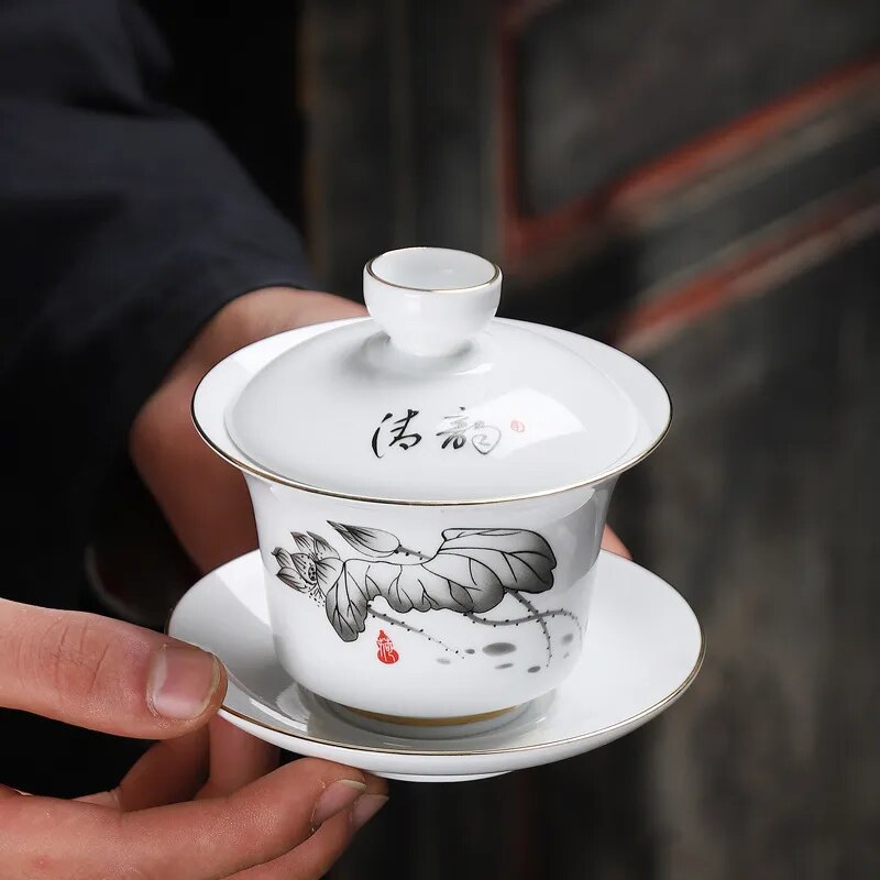 Seremoni cina gaiwan sếu sơn trắng Teh Set tureen sup với Nắp bát sen vẽ tay gai WAN
