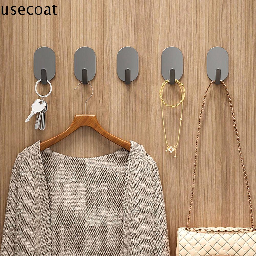 USECOAT 5Pcs Thép cacbon Móc hình bầu dục dính Treo tường Không cần đục lỗ Giá treo quần áo Thiết thực Chống gỉ Móc treo tường hình bầu dục Nhà