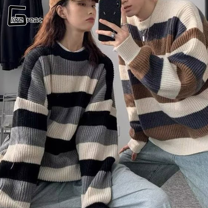 LIVE GREAT Men's Round Neck Striped Loose Casual Sweater korean style lazy pullover