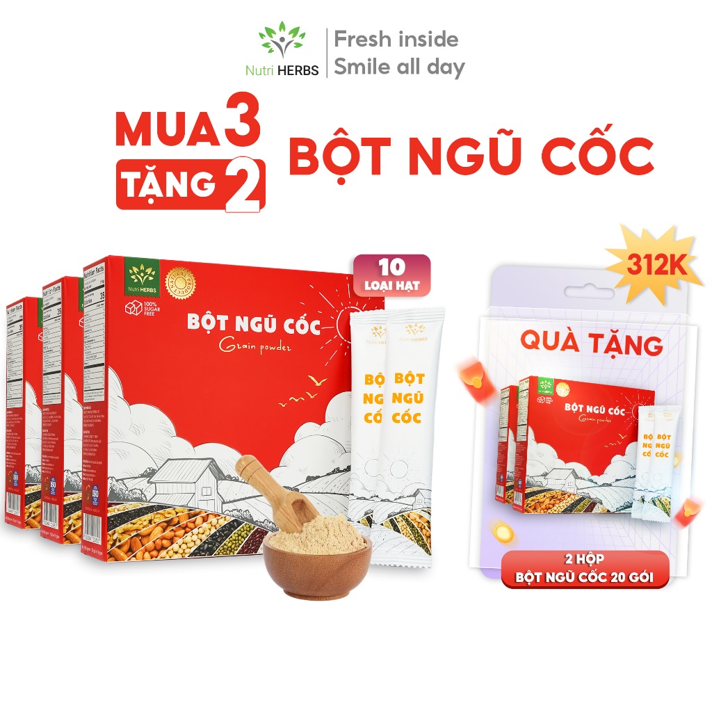 [Mua 3 Tặng 2] Bột Ngũ Cốc Đa Hạt Nutri HERBS Nguyên Chất Organic Không Đường - 100 gói x 10 gram