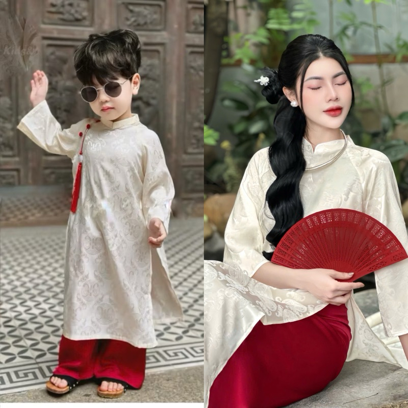 Áo dài gấm thọ dơi mẹ và bé trai, bé gái dáng suông cách tân mặc lễ Tết, ăn cưới hỏi