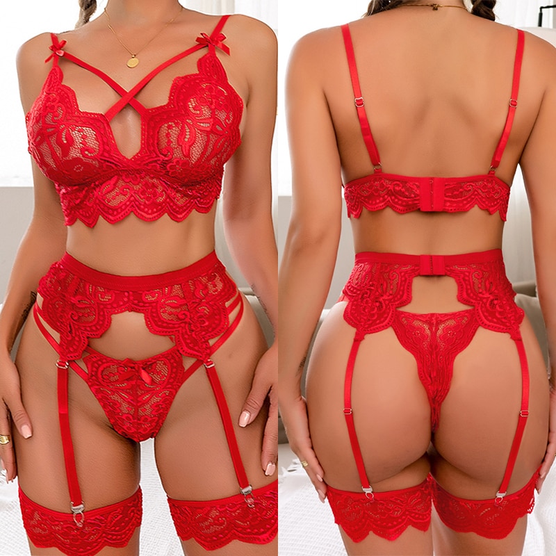 Sexy Lingerie Women Bra And Panty Garters 3pcs See Through Lingerie Sets Sexy Women's Underwear Set Female Sexy Costumes