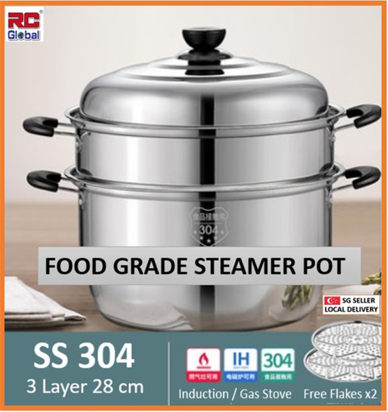 RC-Global Steamer Pot / Real  SS304 Food Grade Stainless steel  /  3 Layer 28 cm suit to 3-5 Pax / designed for induction stove & multiple  cooking stove Singapore