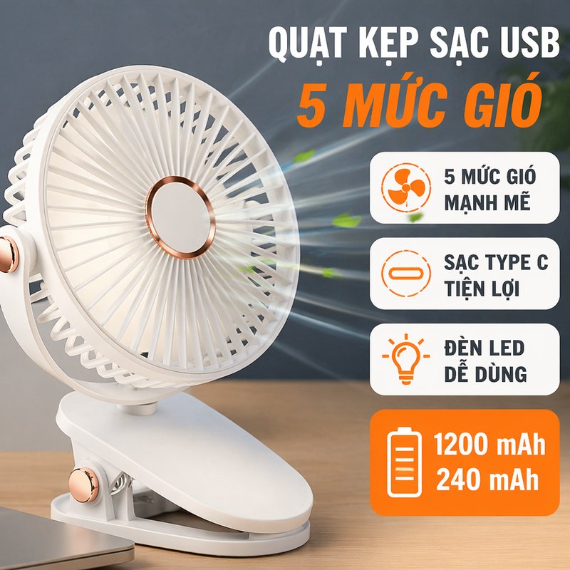 USB Charging Clip-On Fan with 5 Wind Levels, Desktop Fan, Type C Charging + with Light, 1200 Mha and 240 Mha