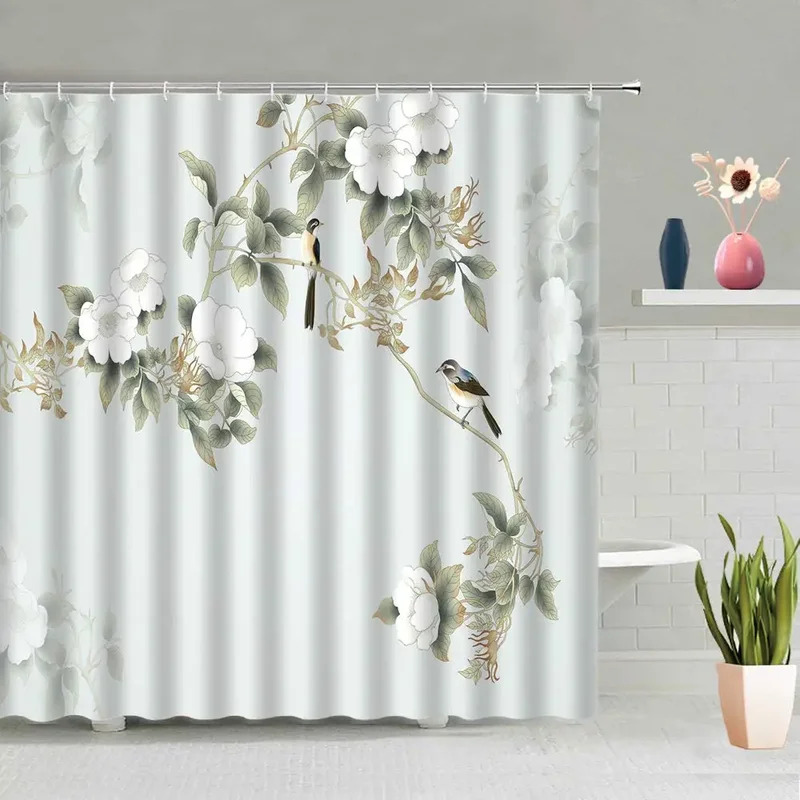 Chinese Floral Birds Green British Style Shower Curtain with Hooks Mint Light Green Turquoise Teal Butterfly Bathroom Curtains