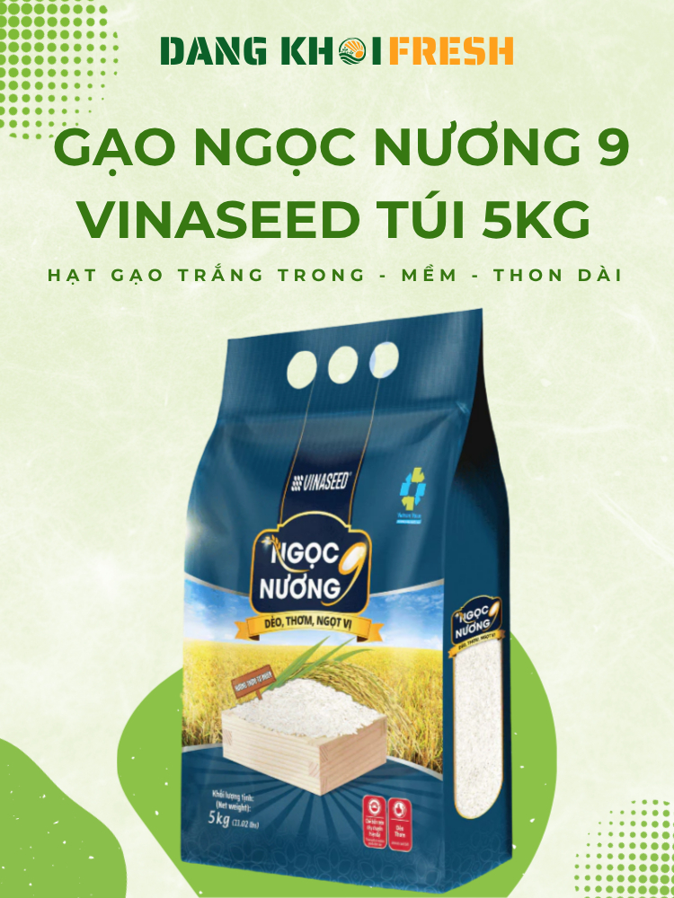 Combo 5 Túi Gạo Thơm Ngọc Nương 9 Vinaseed 5kg – Gạo Dẻo Thơm, Hạt Dài, Cơm Mềm Ngon Cho Gia Đình