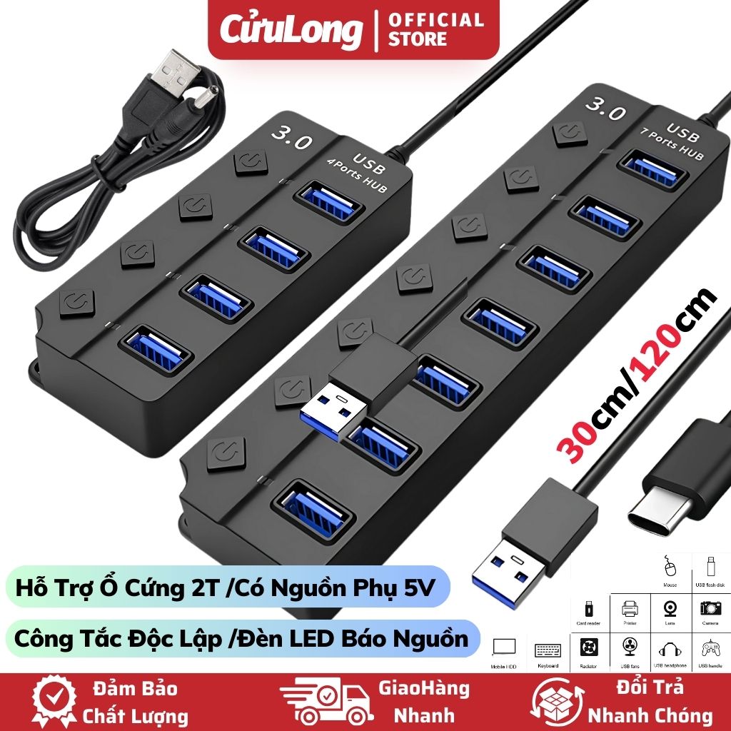 Hub Chia Cổng USB Trung Tâm 3.0 Type-C – Bộ chia USB OTG chuyển đổi có công tắc nguồn Led - Tốc độ c