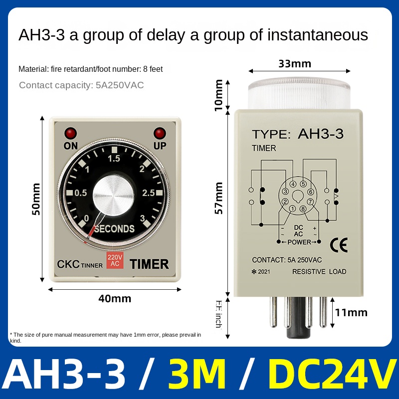 Timer Relay AH3-3-3m-dc24v | tùy chọn Rơ Le thời gian AH3-3, AH3-2 CKC, 1s-60m, AC220V/DC24V, Trễ Bật, 8 Chân, Công Nghiệp, IP50, Độ Chính Xác Cao