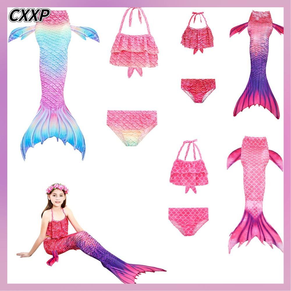 CXXP 3Pcs Đuôi Nàng tiên cá cho trẻ em Bộ Bikini bơi Lạ mắt Đồ bơi bé gái