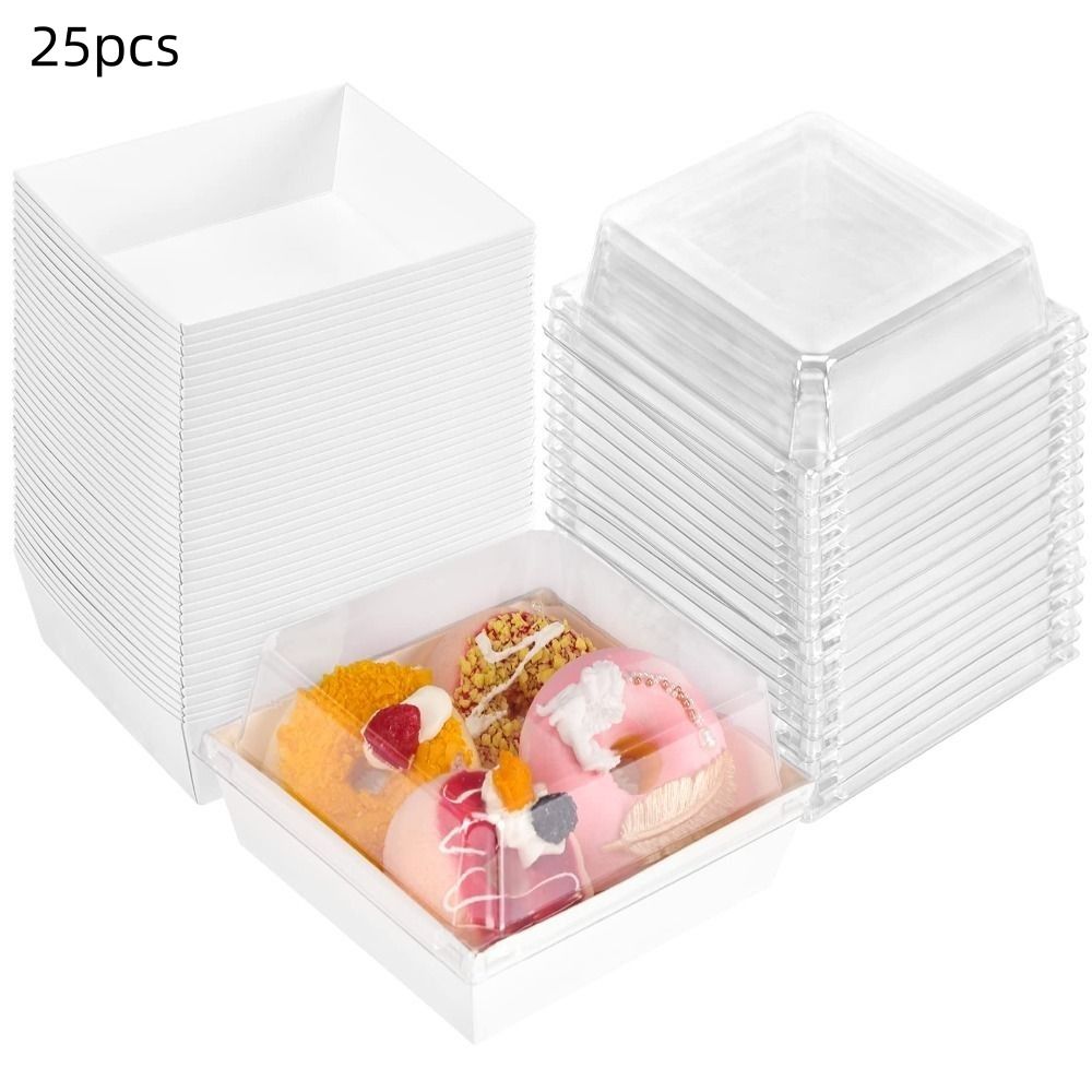 Petibabe 25 pcs dung tích lớn bánh vuông hộp nâu trắng với nắp nhựa dùng một lần hộp bánh hiện đại Giấy hộp đựng thức ăn món tráng miệng