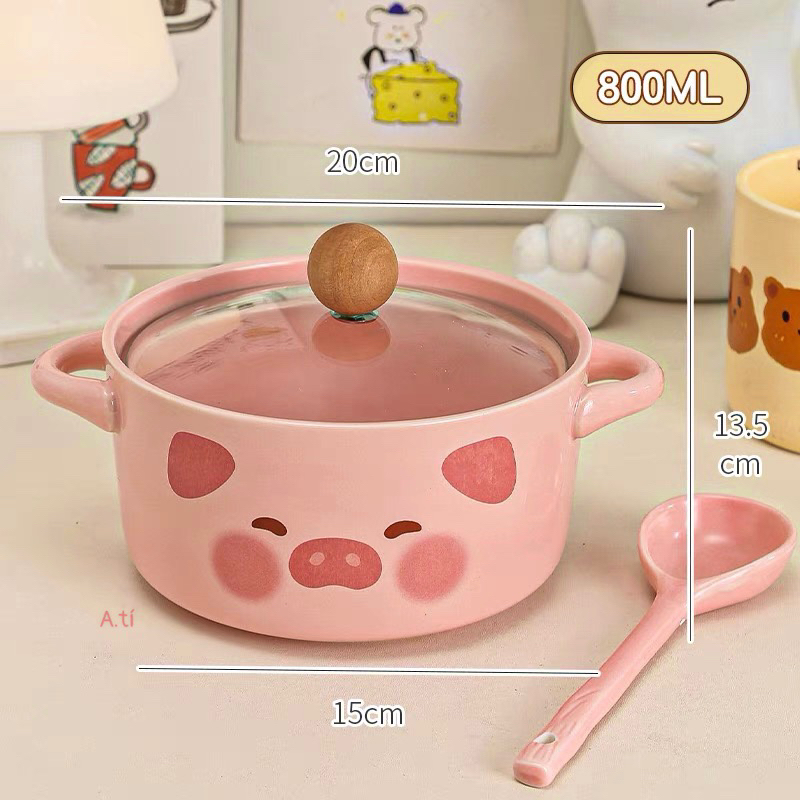 Bát sứ kèm thìa nắp hình Gấu - Lợn xinh cute  hàng có sẵn  AM279