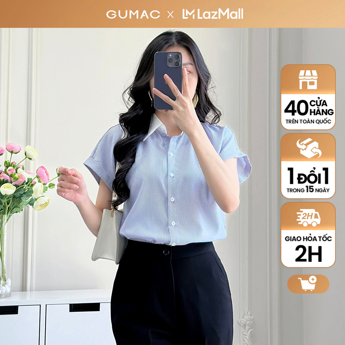 Áo sơ mi nữ tay liền phối thời trang GUMAC LAF0322