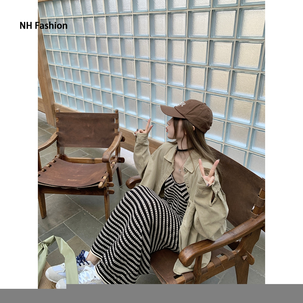 "MOTEL7" loose cargo shirt+striped knitted dress two-piece long sleeved shirt sunscreen - ยี่ห้อ MANYUCHUN ราคา 395 บาท*ส่งฟรี