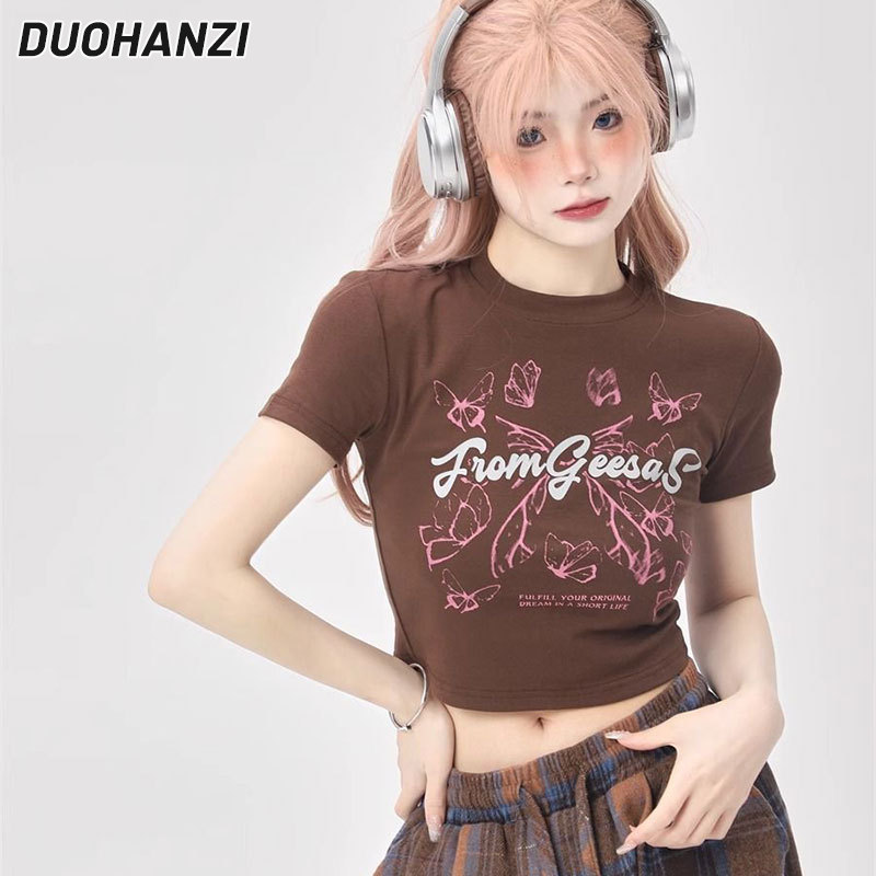 Duohanzi in hình bươm bướm vai phải áo phông ngắn tay cho phụ nữ
