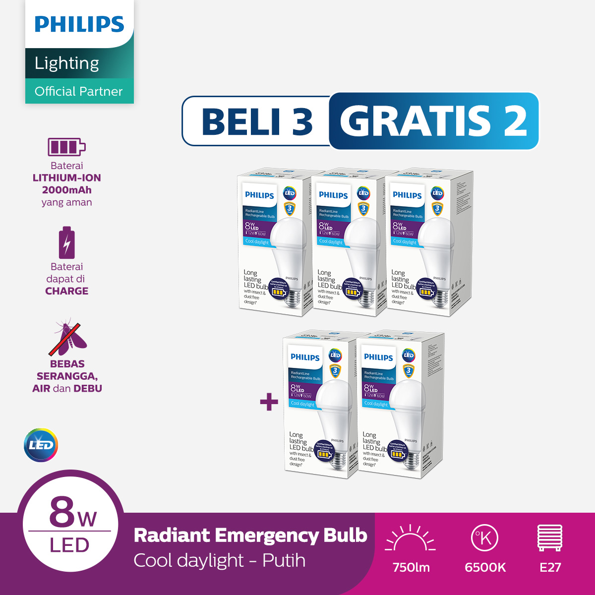 Philips Lights Buy 3 Get 2 Free Radiantline Emergency Ledbulb 8W 6500K White Harga 241,500 rupiah*Gratis Ongkir
