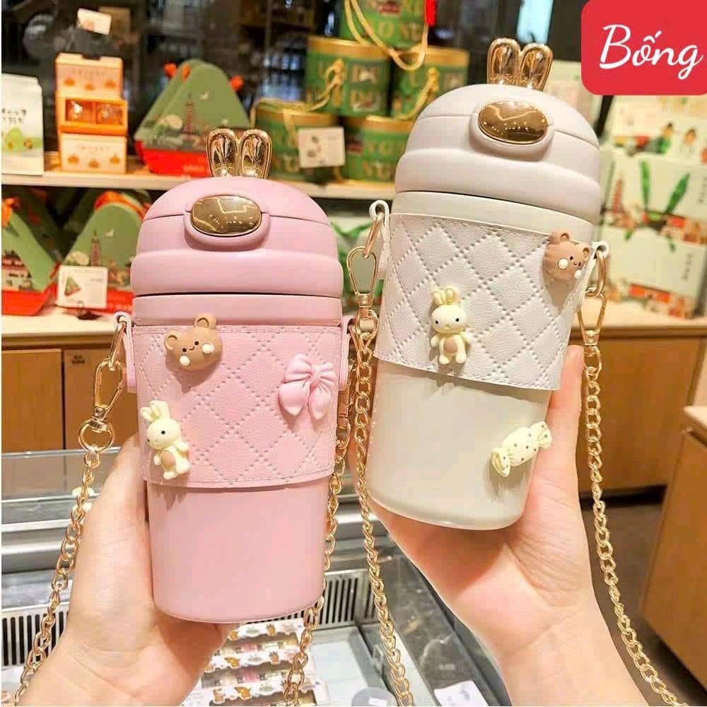 Bình giữ nhiệt tai thỏ chất liệu inox 304 chống gỉ dung tích 500ml kèm ống hút bình nước