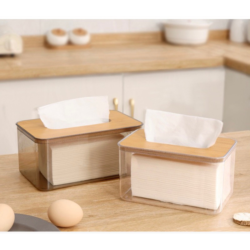 Hộp đựng khăn giấy trong suốt nắp gỗ tre angihome