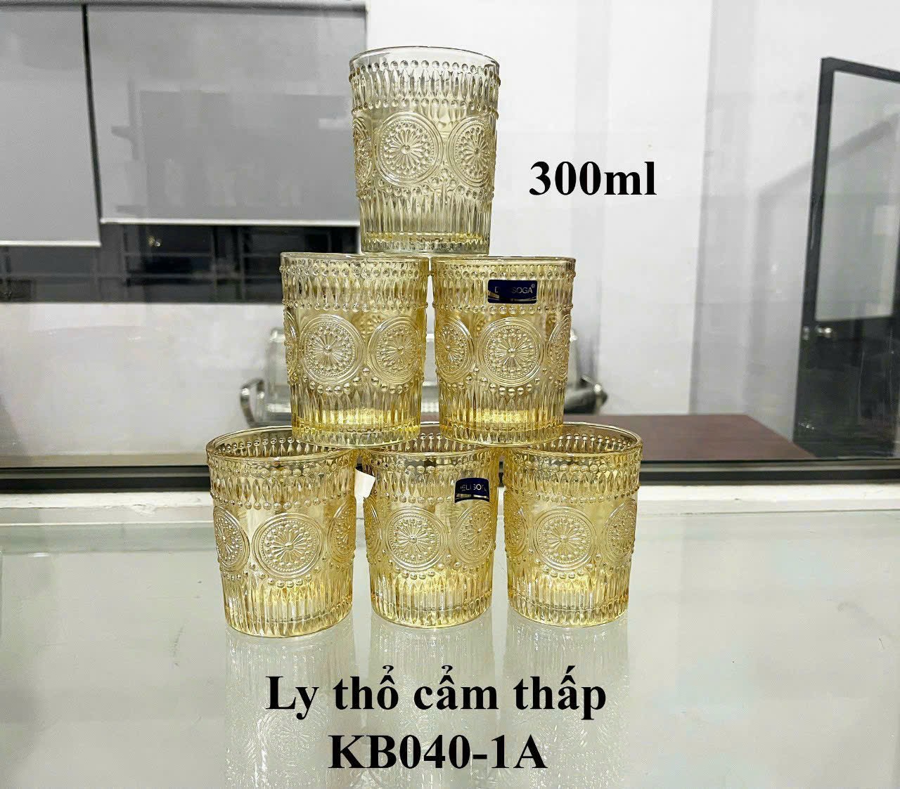 Bộ 6 ly thủy tinh pha lê mặt trời màu vàng / trăng cao cấp 300ml - 350ml / 6 cốc thủy tinh vàng hoa văn châu âu