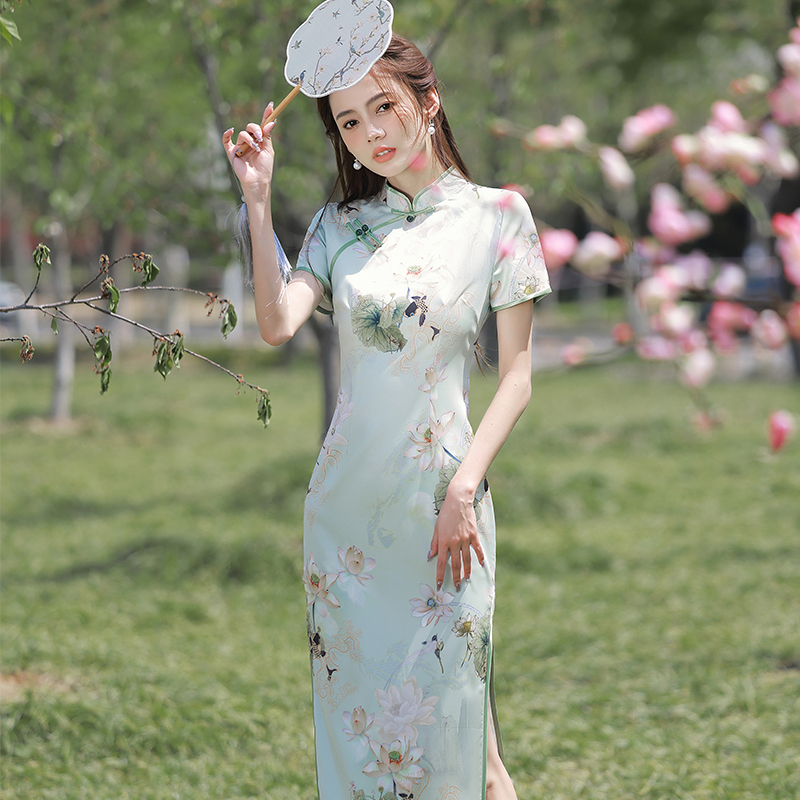 XIANG NIAN NI Xiang Nian Giang Nam chuntian sườn xám dài cao cấp sàn Catwalk sườn xám 2024 mực trắng mới tre ĐầM Trung Quốc mới 11.11 Biggest Sale