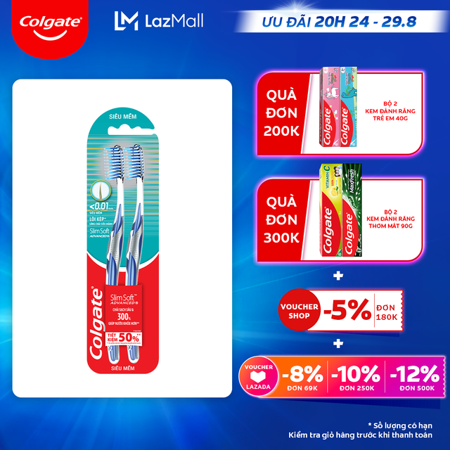 [Ưu đãi 20H 24.8 - 29.8_Áp voucher Colgate 5% + voucher LZD 8%]Bộ 2 Bàn chải Colgate Slimsoft Advanced ngăn chảy máu nướu siêu mềm mảnh