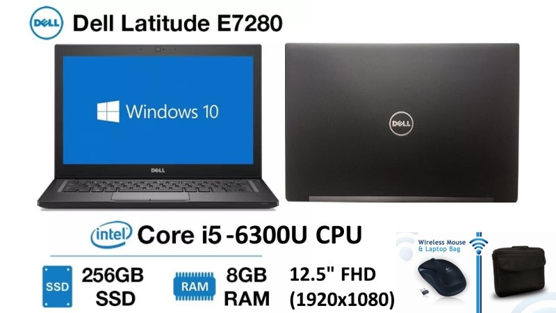 DELL LATITUDE E7280 / i5-6300U (6th Gen) / 2.4GHz / 8GB RAM / 256GB SSD / 12.5 FULL HD DISPLAY / INTEL HD GRAPHICS / WINDOWS 10PRO / SLIM & WEIGHTLESS LAPTOP / FREE NEW BAG & WIRELESS MOUSE ( 5-MONTHS WARRANTY)