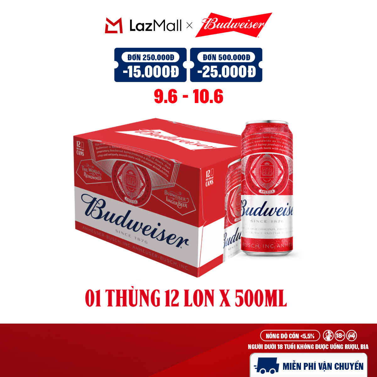 Thùng 12 Lon Bia Budweiser (500ml/lon)