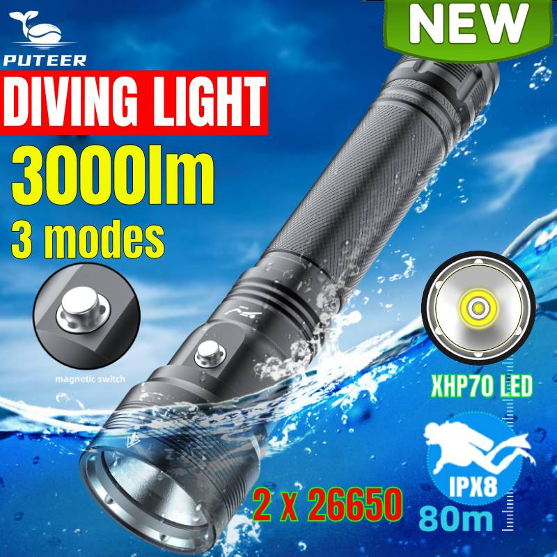 Puteer Đèn pin lặn XHP70.2 Led siêu sáng chống nước dưới nước đèn pin dùng dưới nước cho lặn snokeling