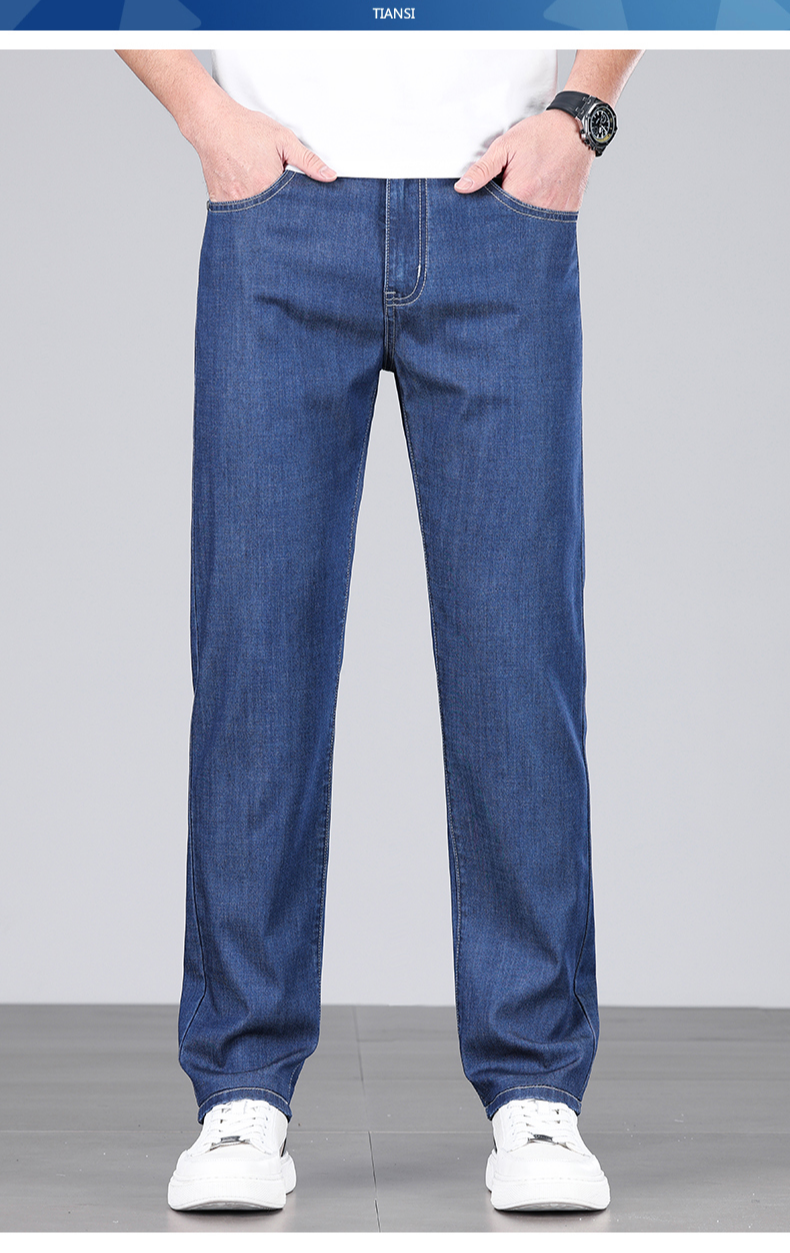 Summer Men's Baggy Jeans Blue UltraThin Classic Soft Breathable Business Casual Straight-leg Stretch Denim Trousers Male